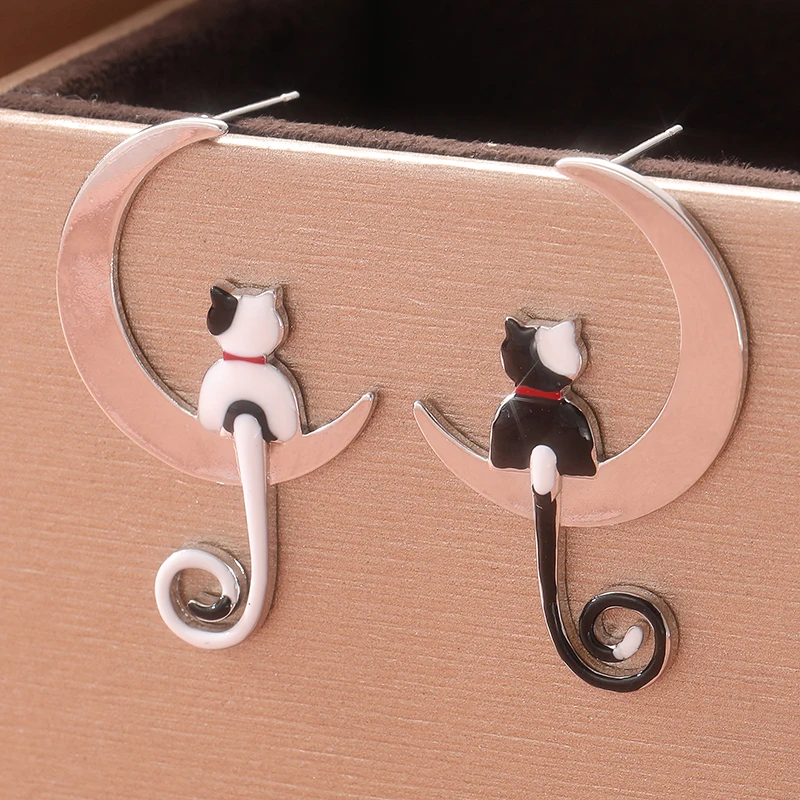 Vintage-Ohrringe in Silberfarbe mit niedlicher Katze und Mond für Damen, modische Ohrhänger, Schmuck, geeignet für den Alltag, Party, Urlaub