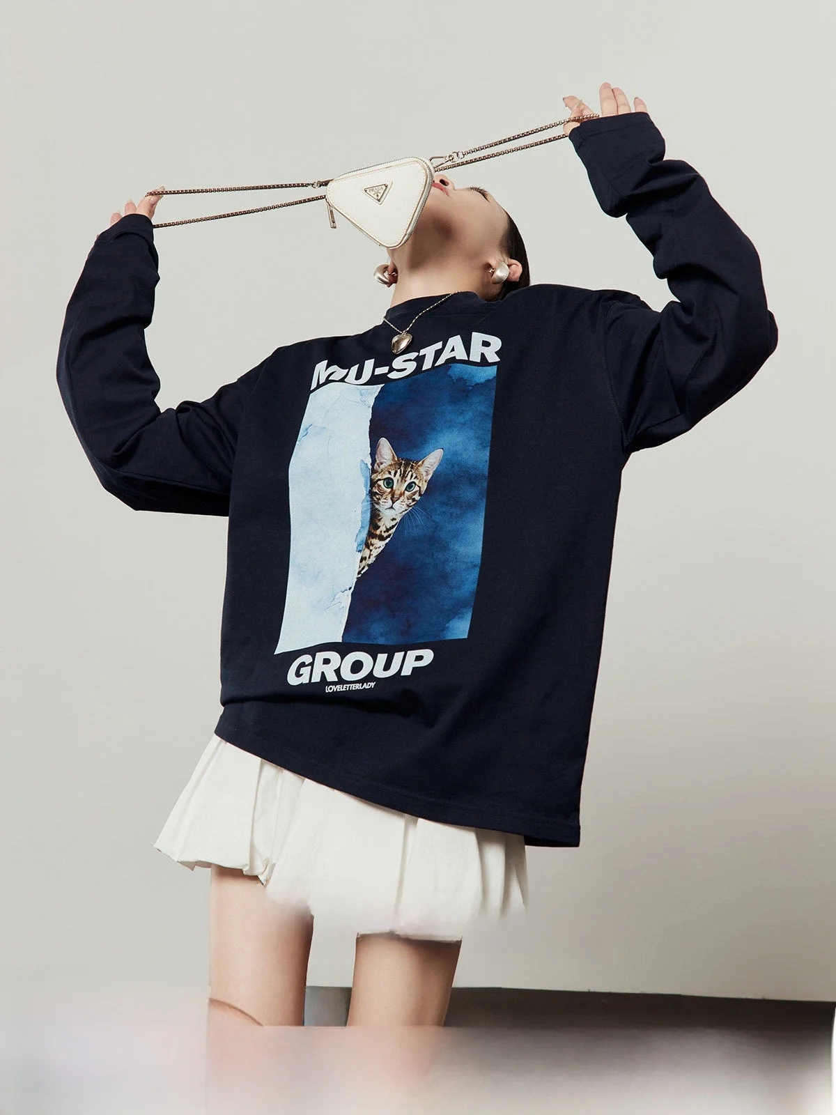 

Loose Long Sleeve Navy Blue Watercolor Print Casual Women's T-shirt Spring 2026 New Style Zhou Li Wu Brand Chinese Production