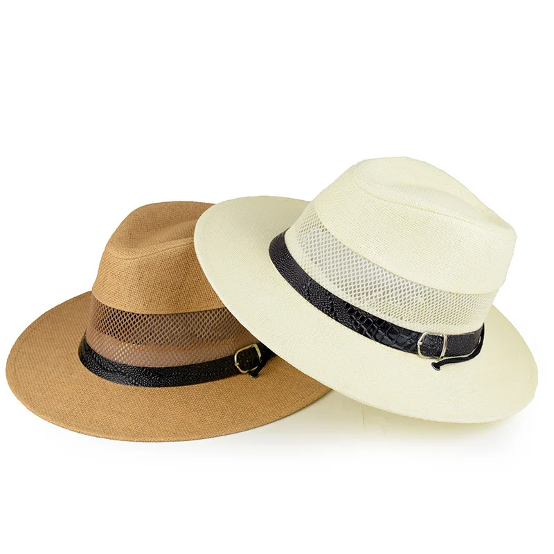 Summer men\'s hat hollow mesh straw beach hat breathable old man cool outdoor sun protection straw beach hat