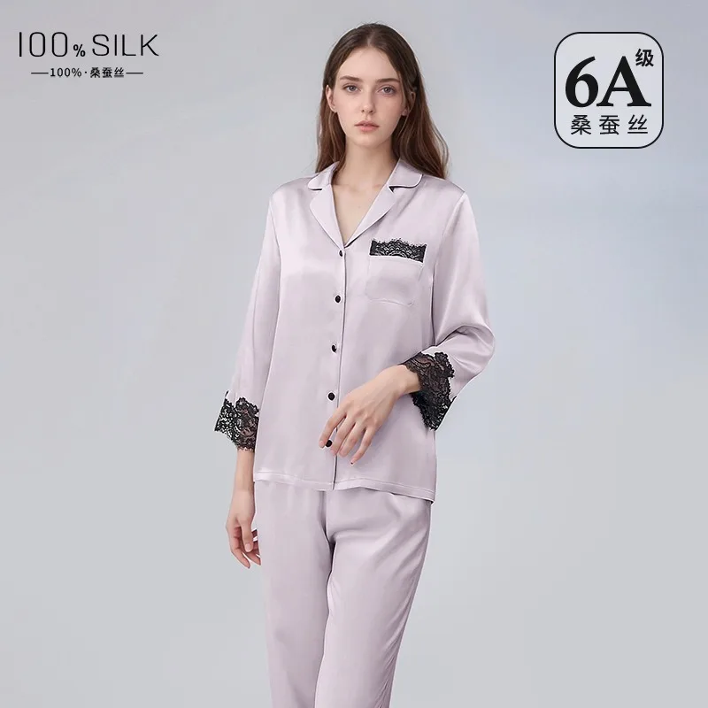 High-End Women's Autumn Winter Silk Pajamas Set 2PCS 100% Mulberry Silk Lace Patchwork Long Sleeves and Trousers Loungewear