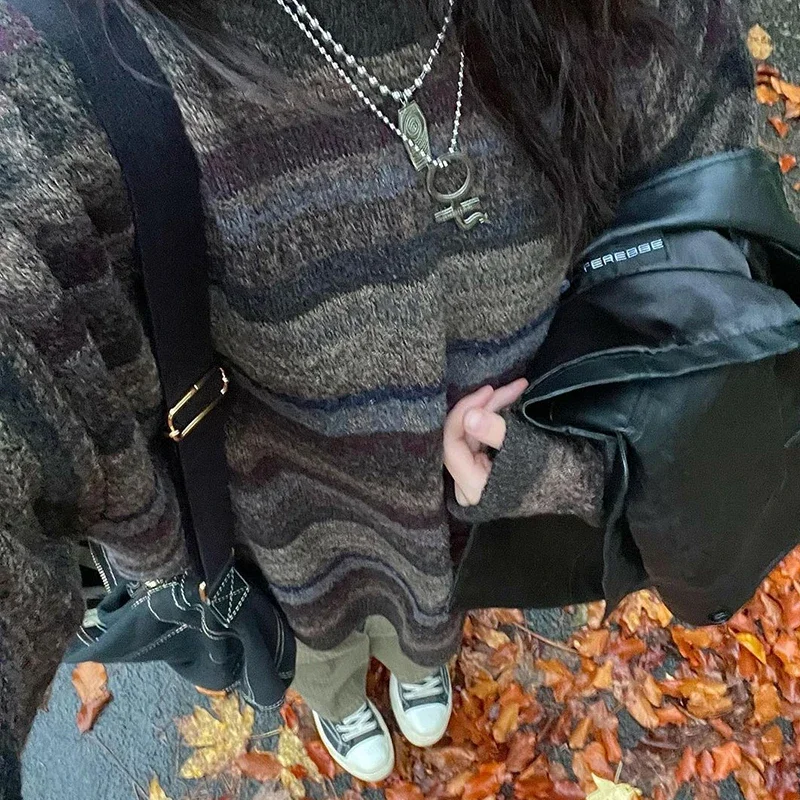 Preppy Grunge Retro gestreifter Strickpullover Herbst O-Ausschnitt volle Ärmel Pullover Fairycore Vintage Y2K Ästhetik Opa Pullover