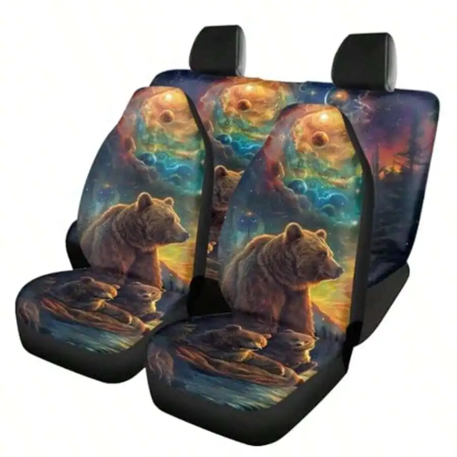 

Brown Bear Galaxy Print Car Seat Cover Set 4PCS Universal Fit For Sedan SUV Truck