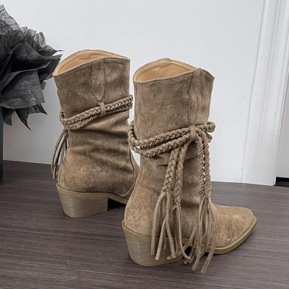 المرأة الخريف الأحذية البيج الرجعية مهدب الأحذية النسائية الربيع والخريف أنبوب البراري وأشار كعب سميك أحذية بوت قصيرة للمرأة #4
