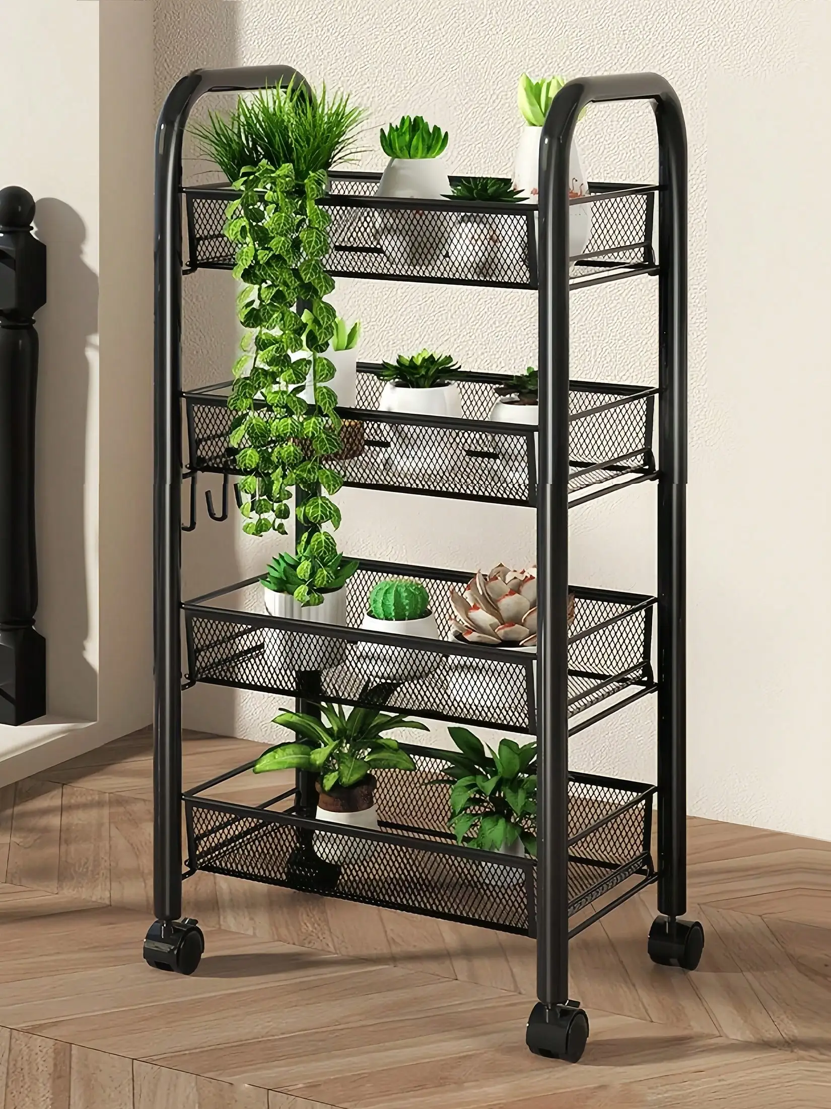 4 Tier Rolling Storage Cart Modern Black Mesh Wire Utility Cart Mobile Shelving Unit Mesh Drain Baskets With Wheels Lockable Hooks For Kitchen Bathroom Living Room Pantry Office Housewarming Gift