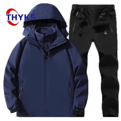 Outdoor Three in One Charging Two-piece Men Thick Plush Detachable Couple Clothing Set Windproof Waterproof Fishing Hiking Suit