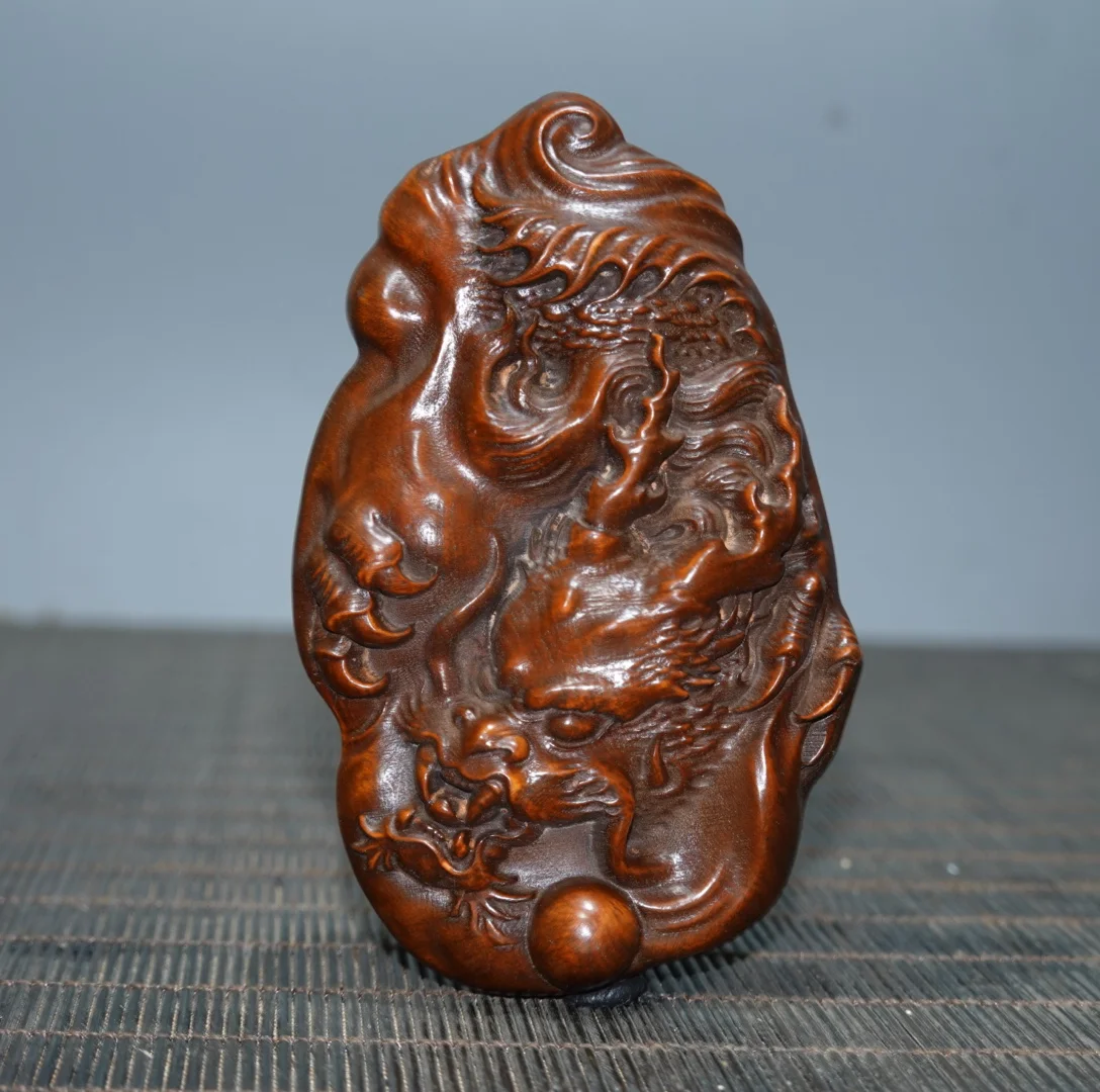 Chinese natural boxwood wood carving exquisite double-sided carving Dragon world pendant amulet gift