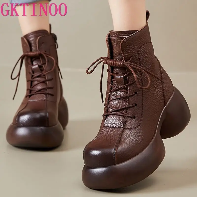 GKTINOO Women Genuine Leather Thick High Heel Ankle Boots Genuine Leather Handmade Retro Platform Thick Plush Warm Casual Boots