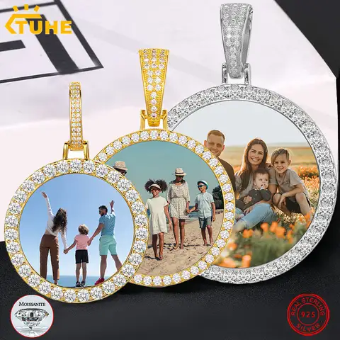 파인 쥬얼리 라운드 메모리 Medallions Moissanite 사용자 정의 사진 펜 던 트 목걸이 남자 힙합 쥬얼리 925 스털링 실버