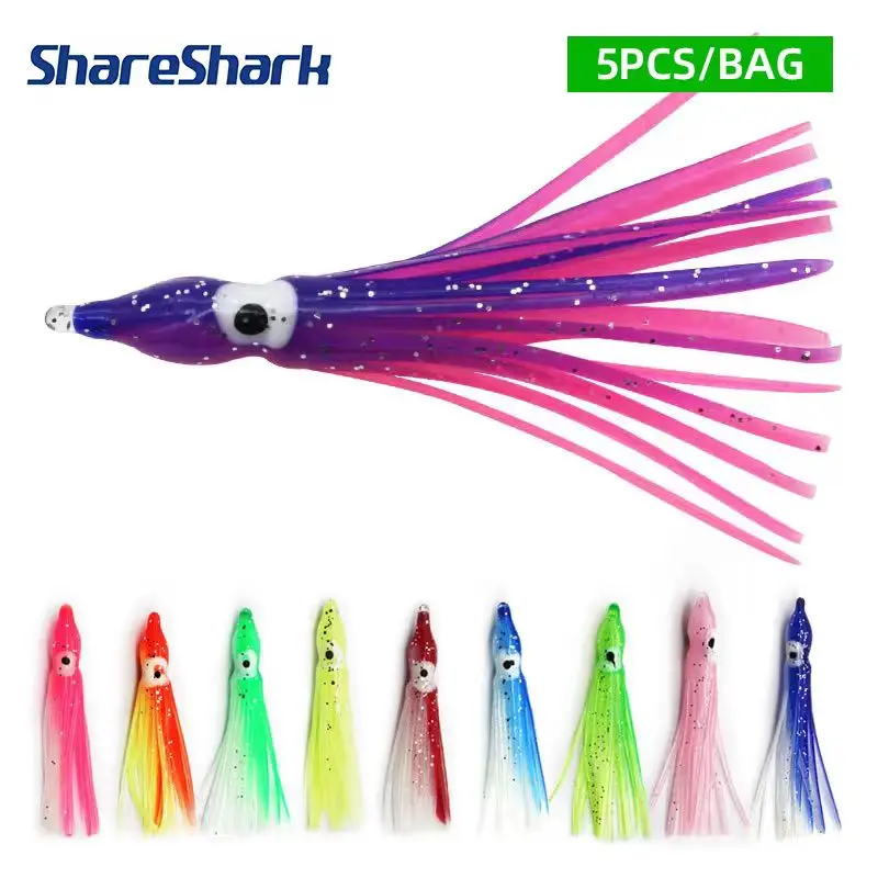 ShareShark 5 Stück/Beutel 5-12cm Leuchtende Tintenfischköder aus weichem Gummi, Hoochies Oktopus-Tintenfisch-Rockköder für Salzwasser, für Barsch und Thunfisch