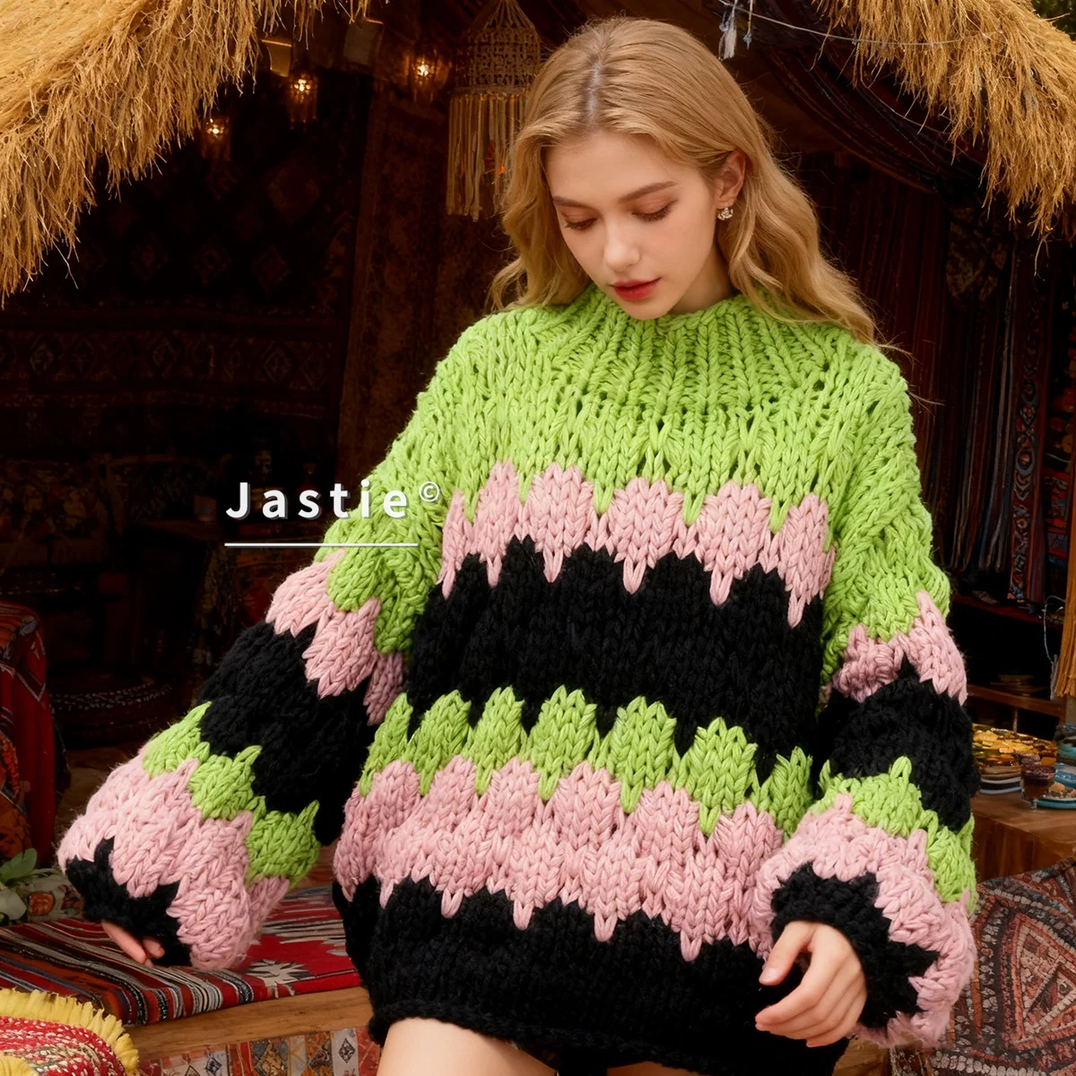 

Женский вязаный свитер большого размера в полоску, водолазка, свободный повседневный жирный цветной блок, уютный осенне-зимний пуловер, вязаные топы