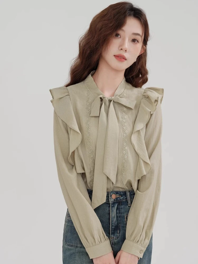Retro Ruffles Women Shirt Autumn French Elegant Bow Button Long Sleeve Blouse Sweet Vintage Lace Up Gentle Temperament New Tops