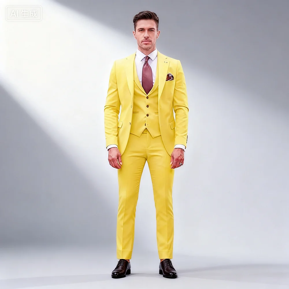 

Solid Slim Fit Men's Tuxedo 3 Piece Set - Notch Lapel Blazer Pants Vest Smart Casual Wedding Groom Business Suit