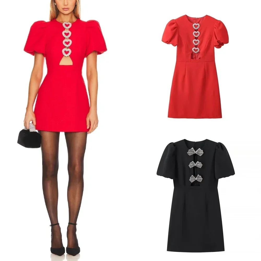2025 corações cortar vermelho mini vestido mulher verão bowknot preto vestidos curtos para mulheres puff manga elegante vestidos de festa