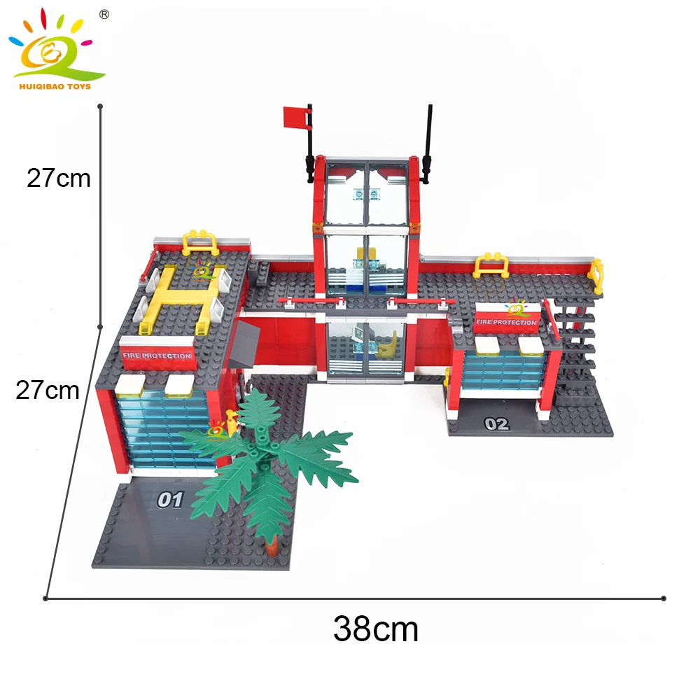 HUIQIBAO 756 pièces Station de pompiers avec modèle d'hélicoptère blocs de construction camion de pompier briques de pompier ville bricolage jouets pour enfants cadeau