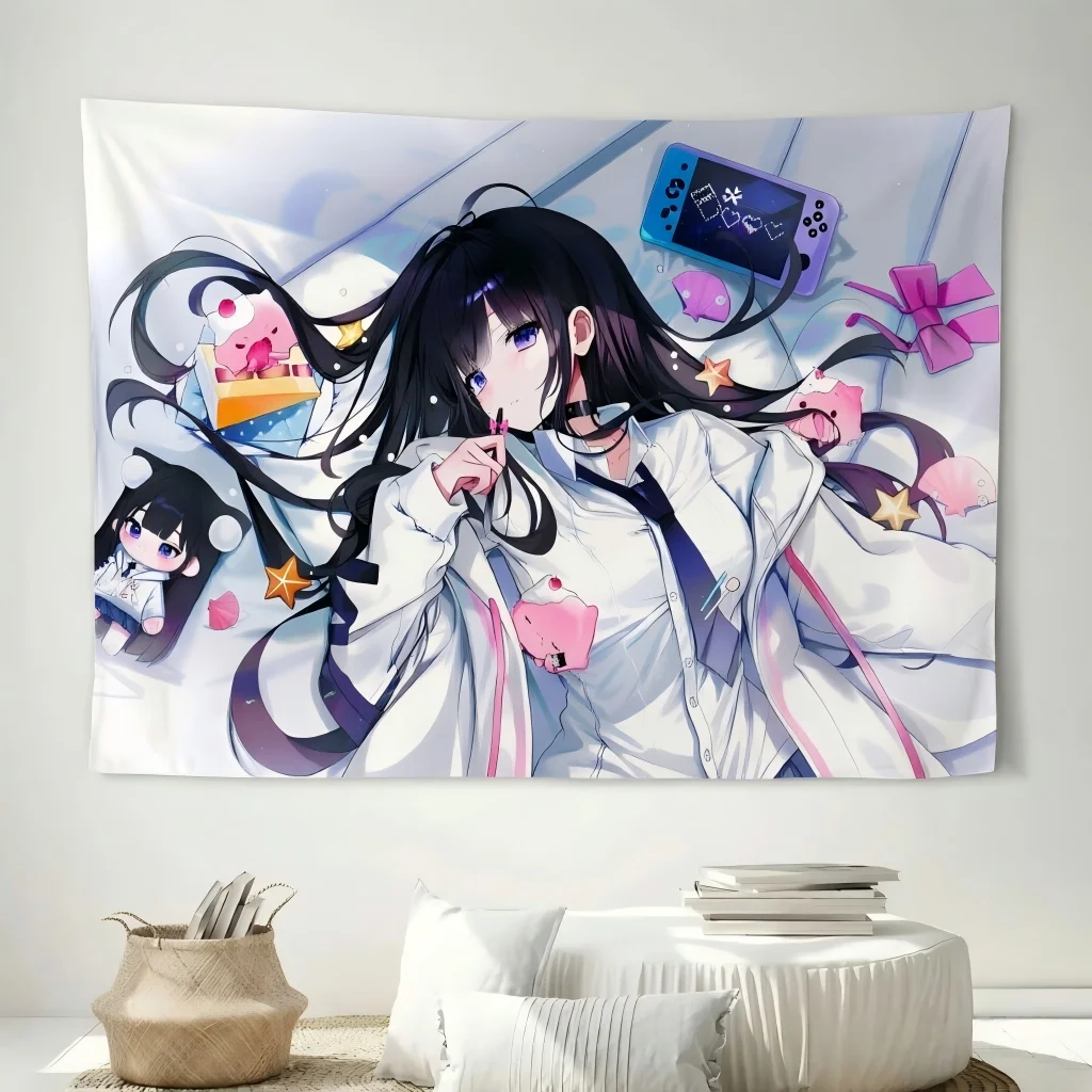 Kawaii Black Hair Anime Girl Tapestry, Cute Otaku Aesthetic Wall Blanket, Dorm Bedroom Streaming Background Cloth Home Decor