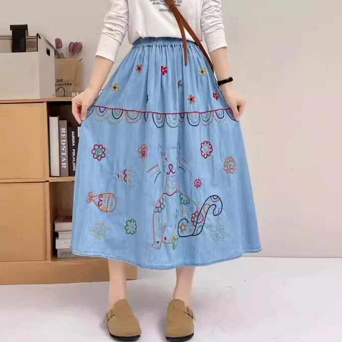 

Mori Kei Clothing Japanese Cartoon Cats Emrboidery Denim Long Skirts Women Vintage Harajuku Elastic Waist Jean A-Line Skirts