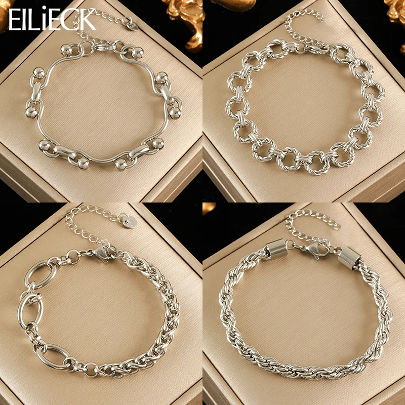 �y�Z�[�����zEILIECK 316L Stainless Steel Silver Color Bracelet Bangle Jewelry Charm Metal Texture Wrist Chain for Women Bijoux Accessories