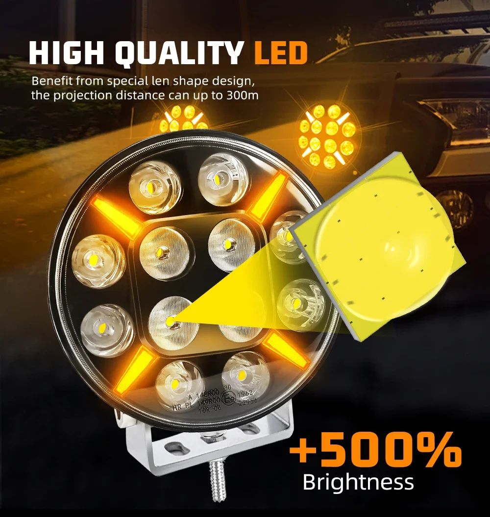 1/2 Pcs 7Inch 9Inch Round Off Road Light LED Driving Truck Work Spotlight Headlight White Flash Turn signal light Yellow 12-24V
