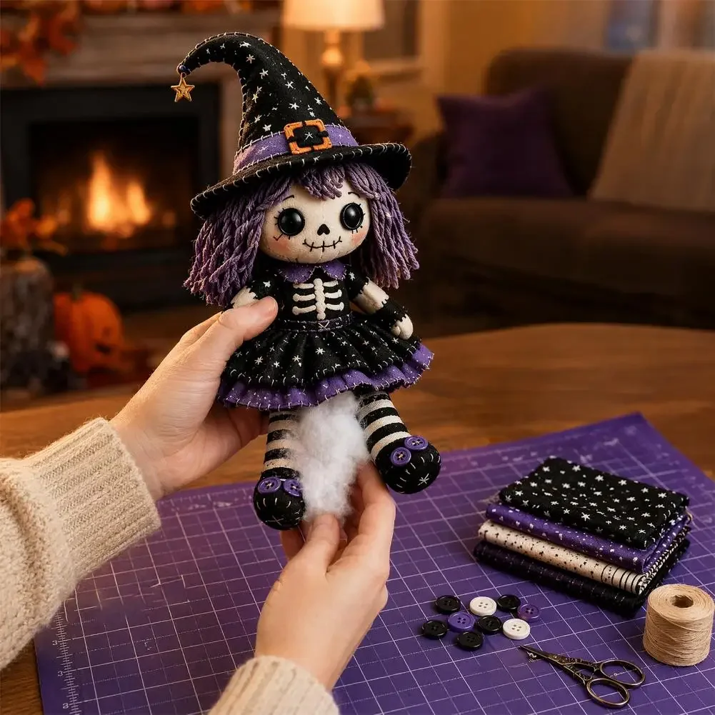 Sewing Kit for Beginners Skeleton Witch Patchwork Kit Skeleton Girl Doll Sewing Set for Halloween Diy Handmade Decorate Gift