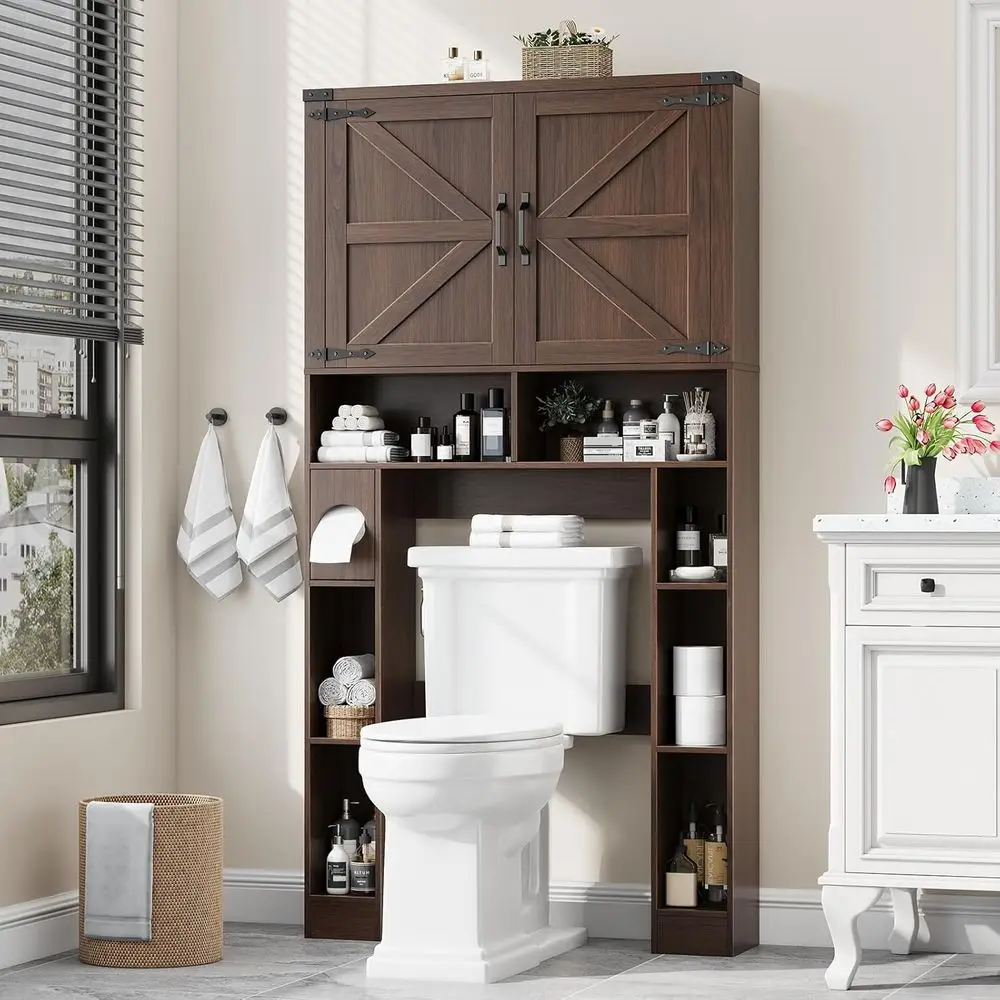

Space-Saving Over Toilet Storage Cabinet with 2 Barn Doors and Toilet Paper Stand for Home, Laundry, and Restroom Use