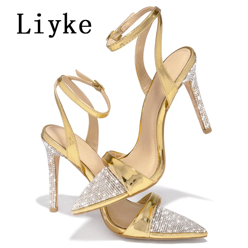 Liyke Fashion Glitter dżetów damskie buty na wysokim obcasie seksowne sandały letnie kryształowe szpiczasty nosek wesele striptizerka buty damskie