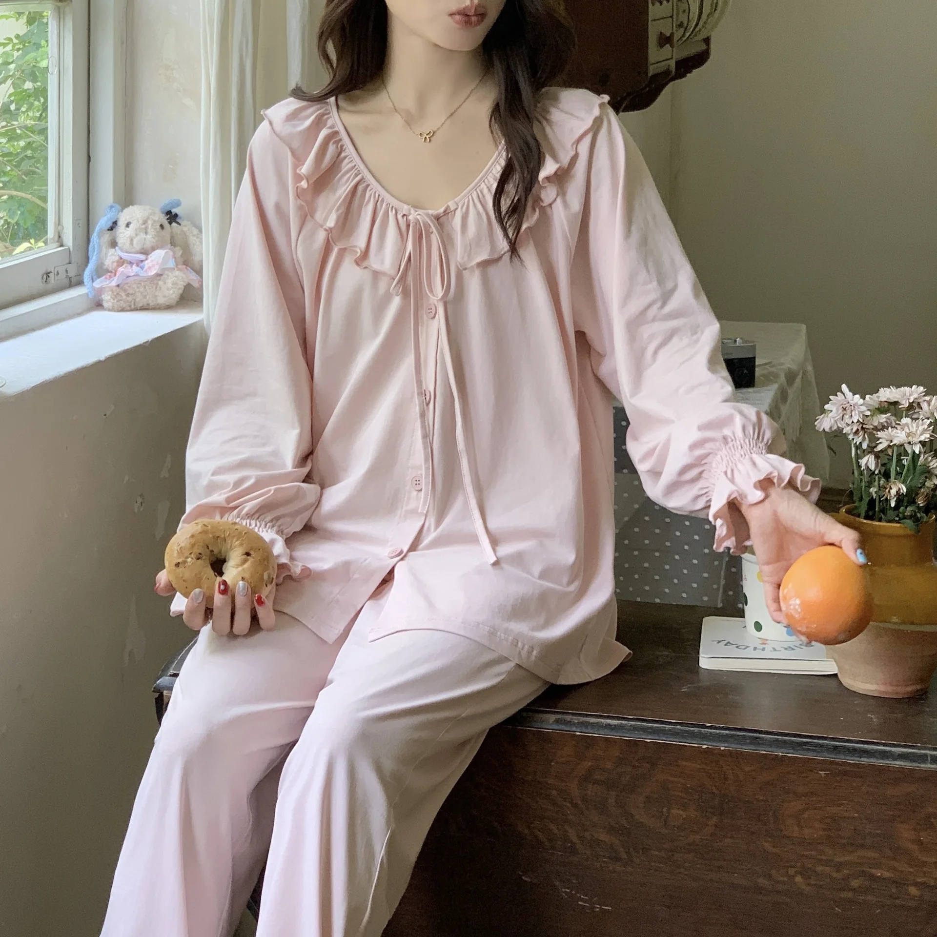 2026 New Pajamas Breathable and Sweat-absorbing Solid Color Ruffle Leaf Edge Suit for Women