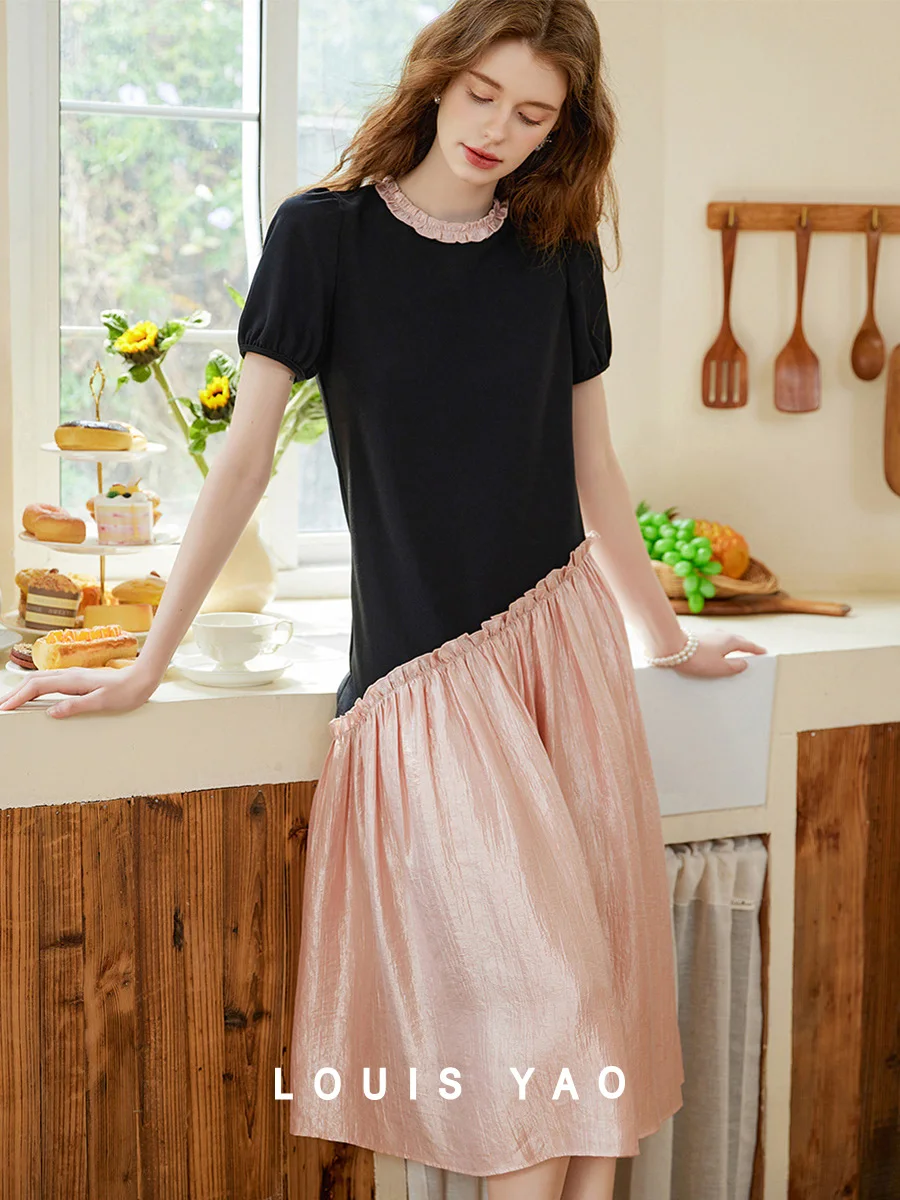

LOUIS YAO 2025 Long Micro Elastic Ear Edge Summer New Round Neck Contrast Splicing Short Sleeve Shoulder Women's Dress