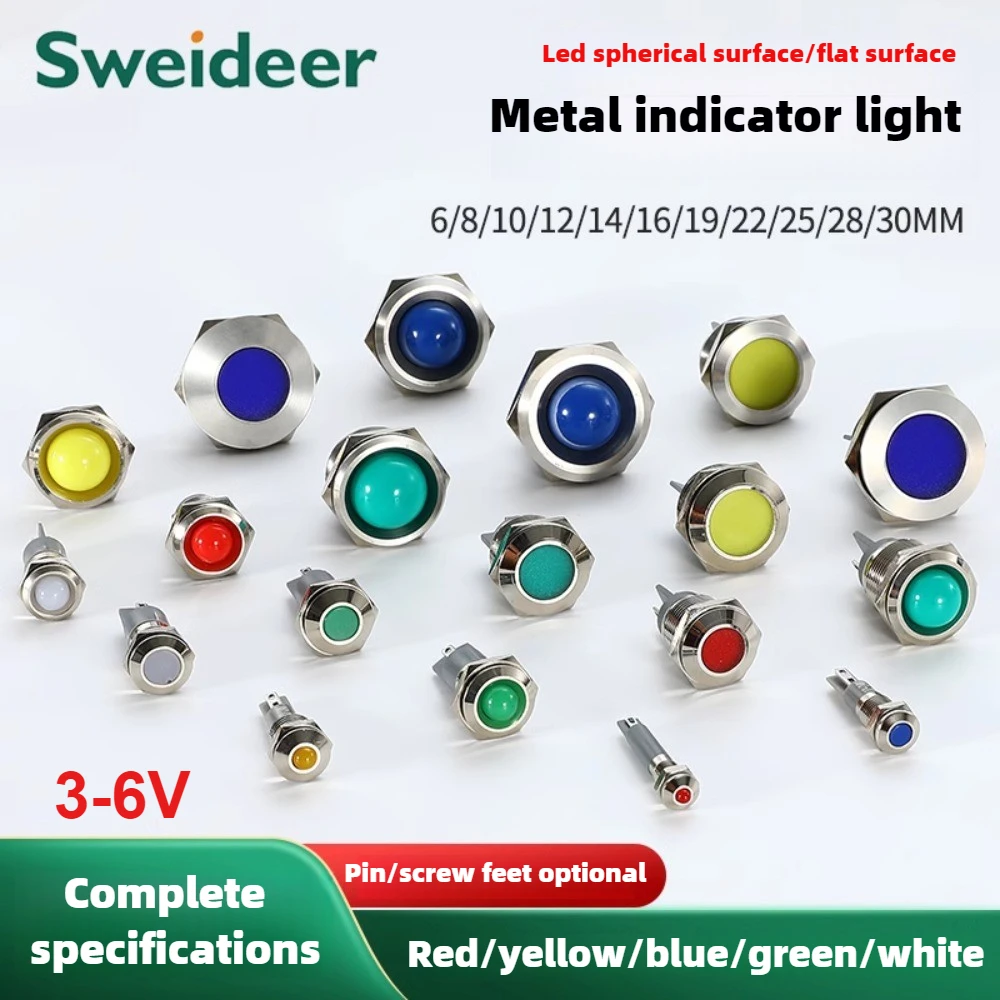 LED Metal Indicator Light IP65 Waterproof 6/8/10/12/14/16/19/22/25mm Signal Lamp 3-6V Red Yellow Blue Green White Metal Button