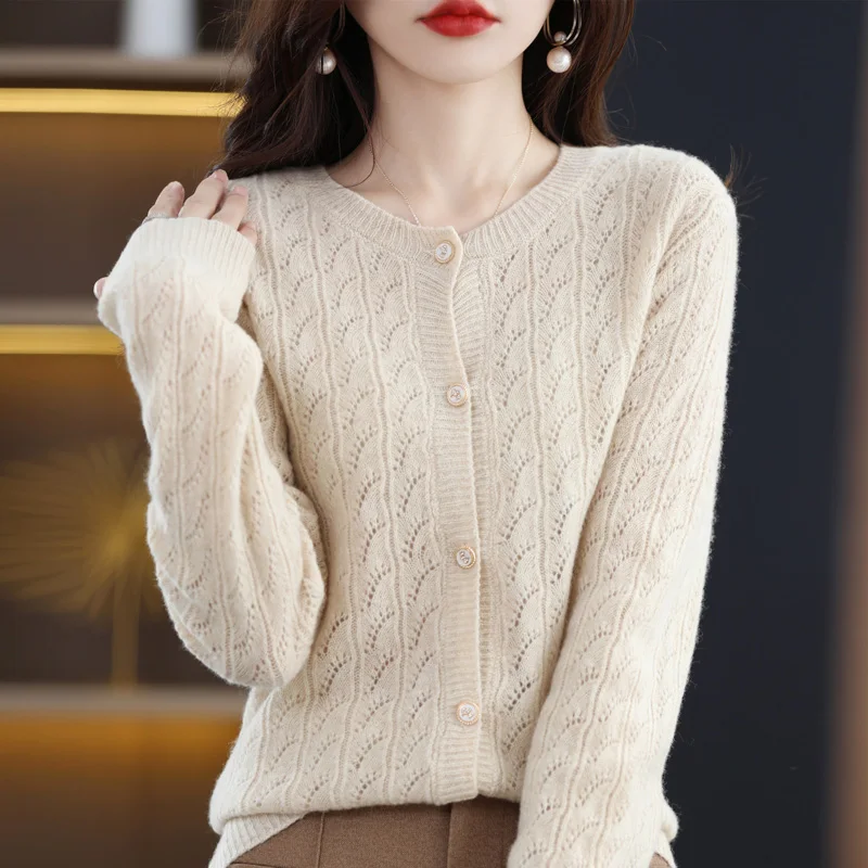 Spring and autumn hollow 100% wool cardigan women's O-neck shirt cashmere sweater knitted high-end bottoming shirt outer tower