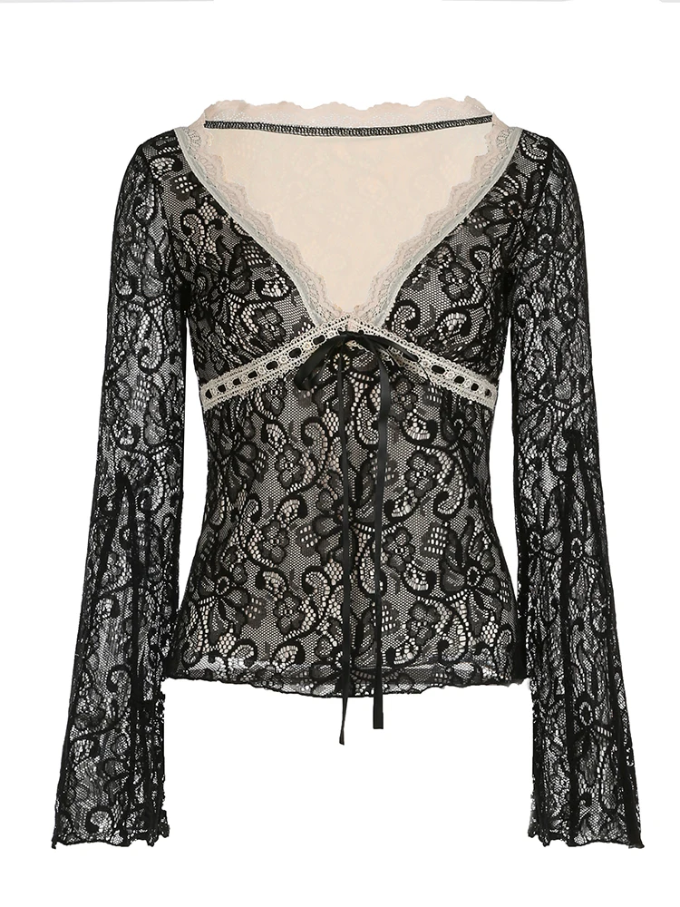 Rockmore Floral Lace Tie Front Flounce Sleeve Women's Top Y2K Aesthetics Deep V Neck Long Sleeve T-Shirt Spring Fall Clothes image 5