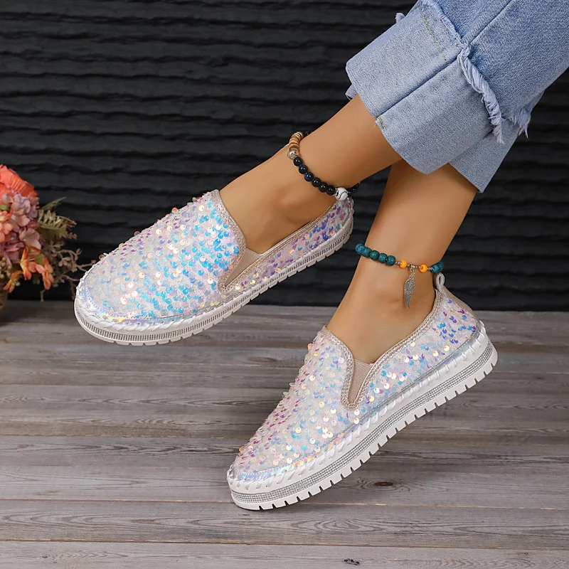 

2024 Plus Size Women Shoes New Round Toe Flat Sequin Color Matching Fashion Casual Shoes for Women Loafers Zapatos De Mujer