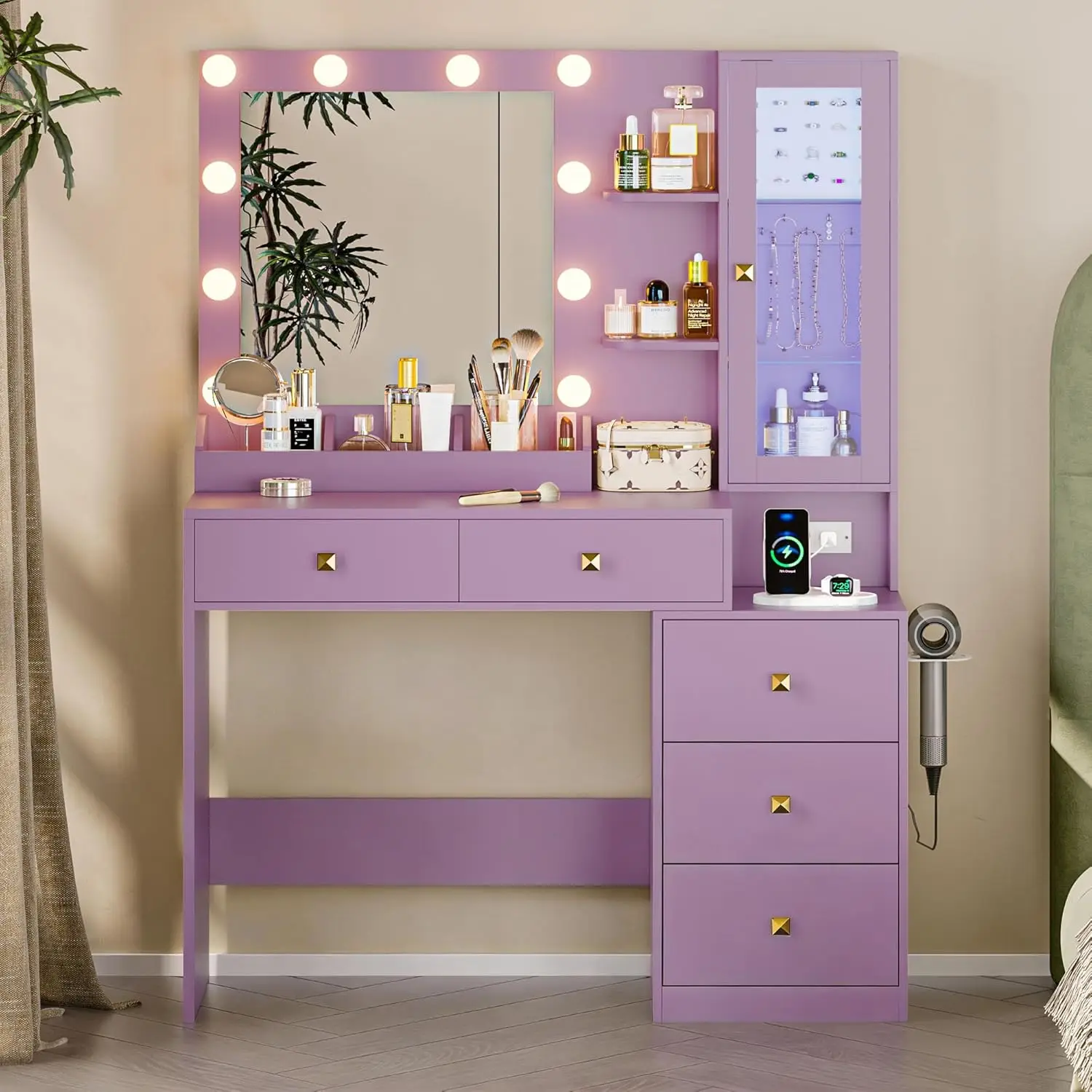 #Purple Vanity Desk with Mirror Lights Drawers Jewelry Cabinet Modes Bedroom