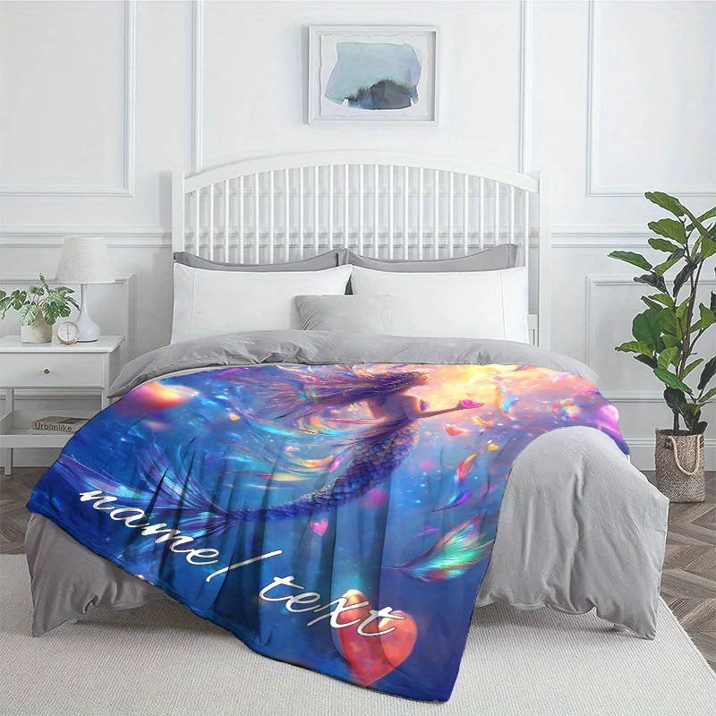 1pc Customizable Dreamy Mermaid Flannel Blanket – Vibrant Digital Print, Soft & Lightweight Throw for Sofa, Bed, Travel,
