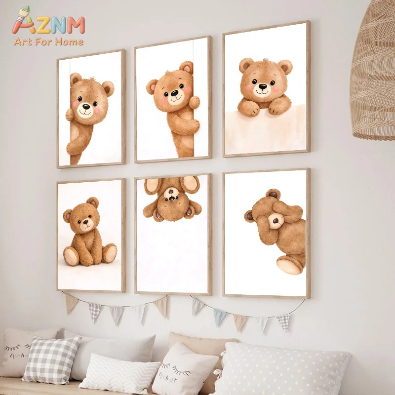 AZNM Cute Cartoon Teddy Bear Frameless Canvas Wall Art, Nursery Decor Prints, Kawaii Bear Painting for Kids Room, Baby Shower Gi