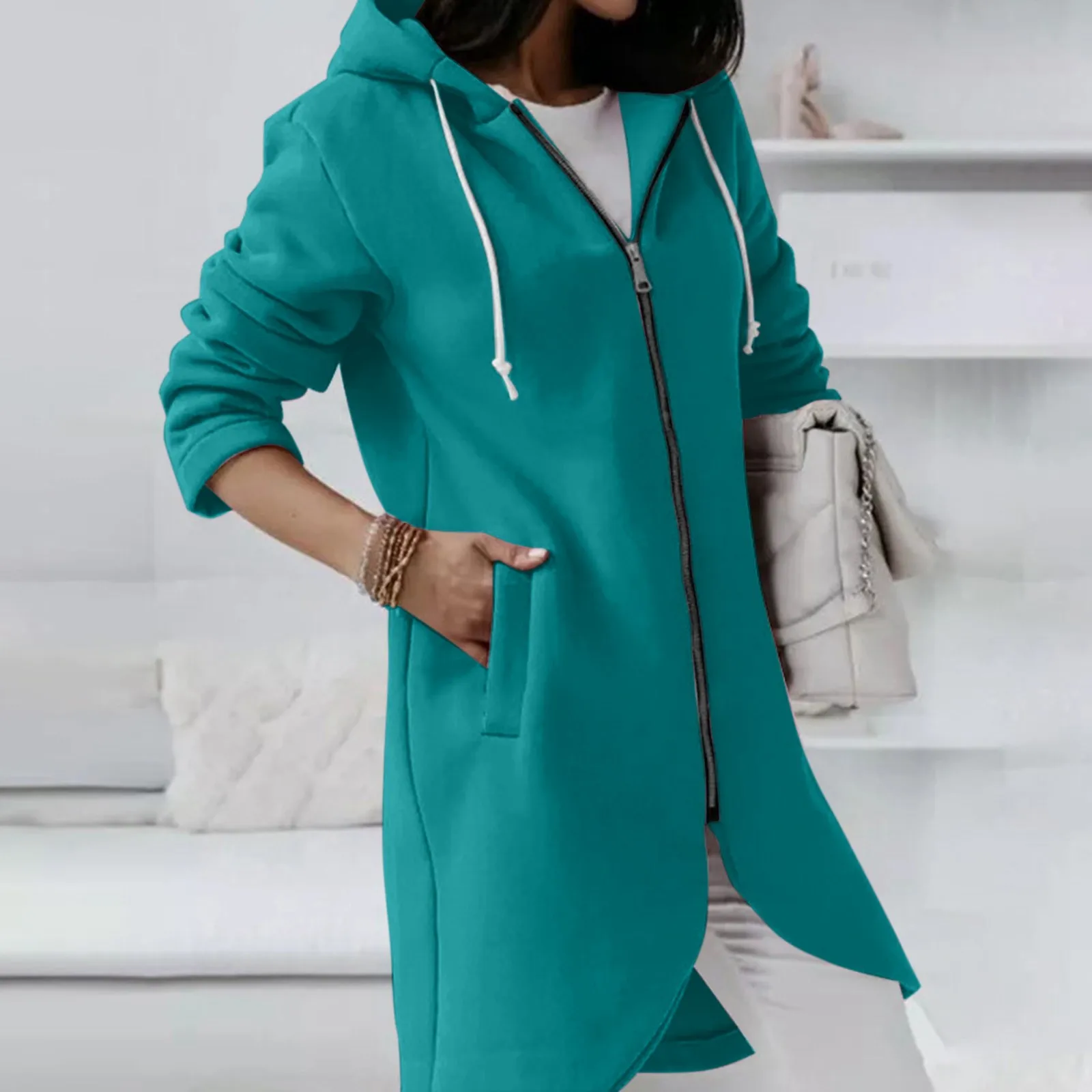 2023 Autumn Casual Coat Women Long Hoodies Sweatshirt Zip Up Outerwears Hooded Jacket Winter Pockets Outwear Female Warm Tops