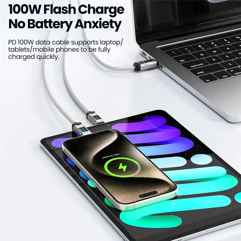 USB C Totype C Cable LED PD100W Fast Charging Wire Fast Charging Data Cable White