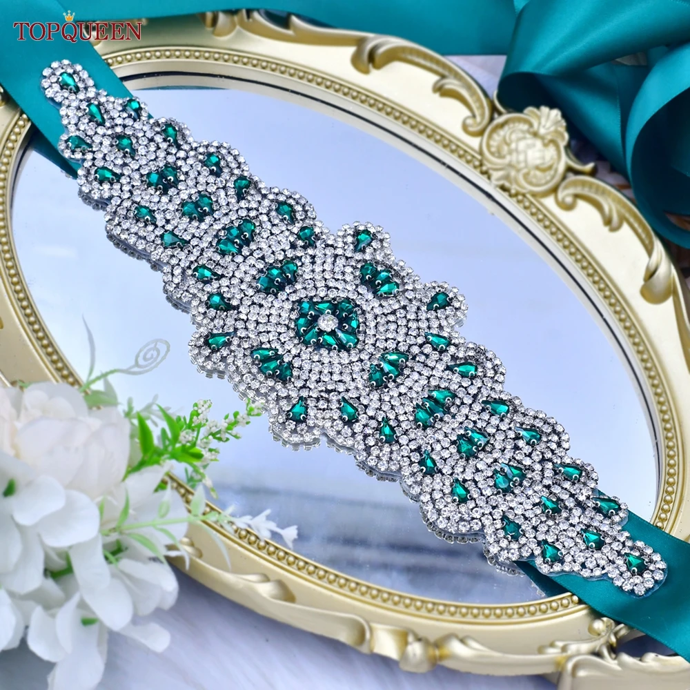 TOPQUEEN S88 Bridal Belt Green Rhinestones Diamond Women Decorative Wedding Party Evening Dress Gown Accessories Female Sparkly