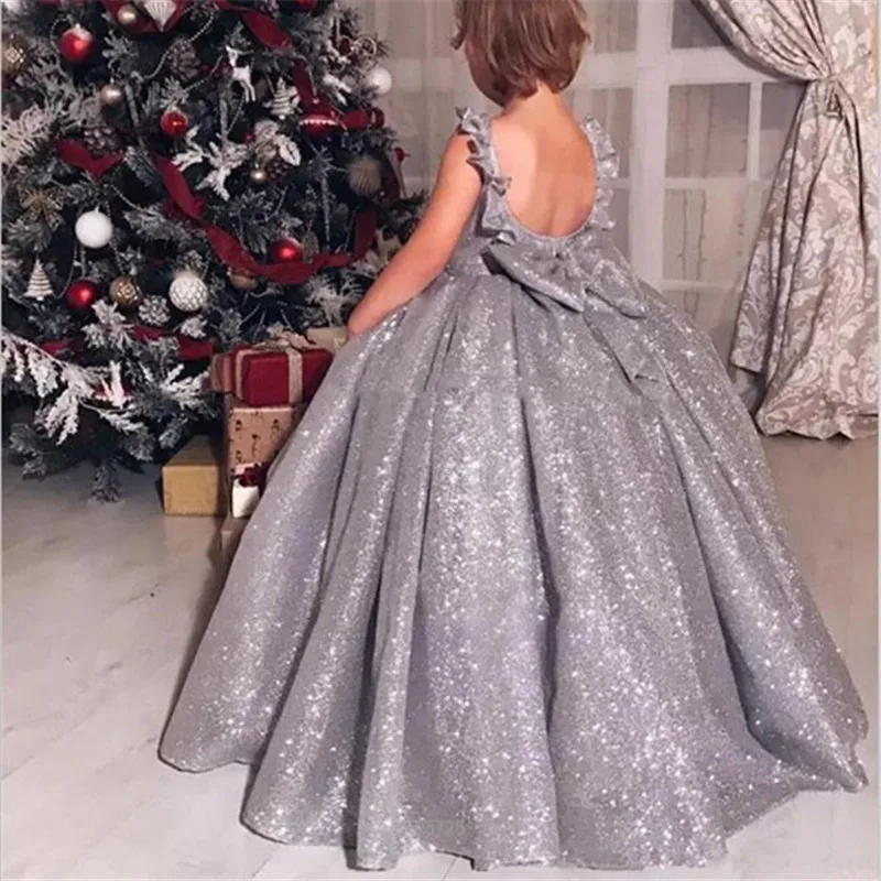 

Silver Flower Girl Dresses For Weddings Ball Gown Long Sleeves Tulle Ruffles Long First Communion Dresses For Little Girls