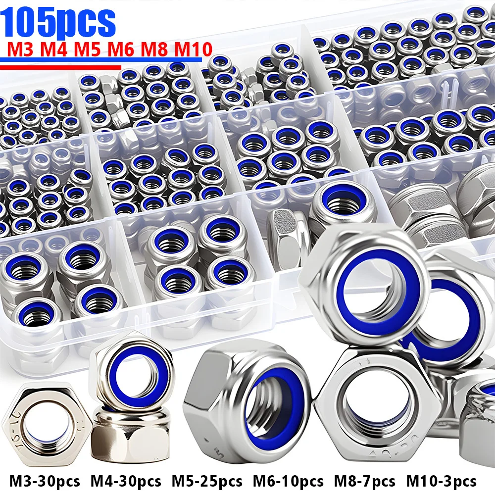 Juego de 105 tuercas de seguridad de nailon y acero inoxidable, tamaños M3, M4, M5, M6, M8, M10, que previenen eficazmente el desprendimiento por vibración.