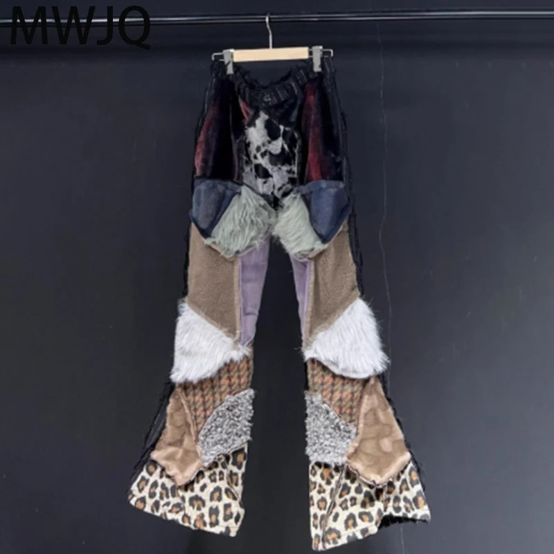 

MWJQ Gradual Retro Leather Pants Men Trend Autumn Contrast Color Full Length Bottom High Street Boot Cut Couple Trousers 010426