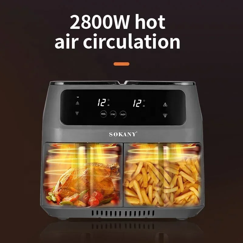 Gran oferta freidora eléctrica inteligente con pantalla táctil para el hogar, horno de 8L, freidora de aire doble de 2800W con 2 cestas para freír independientes