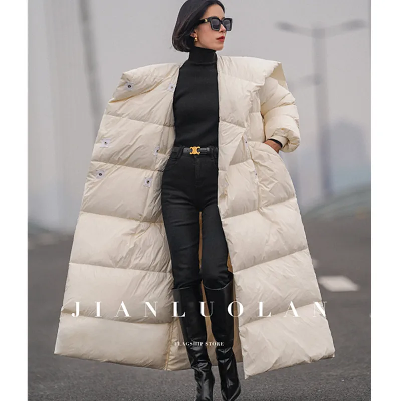 Winter Extra Long White Duck down Jacket For women\'s 2025 New Thicken Hooded Down Coat Women Windproof Warm Parka Overcoat