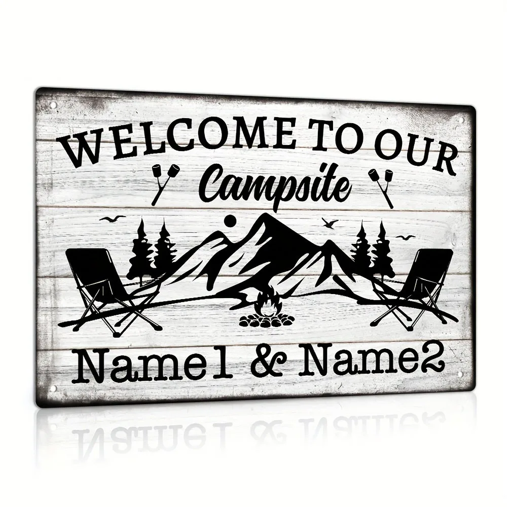 Custom Metal Tin Sign, Welcome to Our Campsite Name1 & Name2, Personalized Plaque Vintage Plate Wall Art Decoration for Home