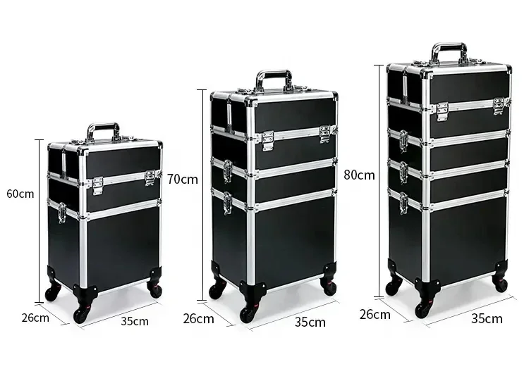 Professional  Large Aluminum Makeup Train Case Nail Polish Organizer Lockable Travel Rolling Makeup Trolley Case