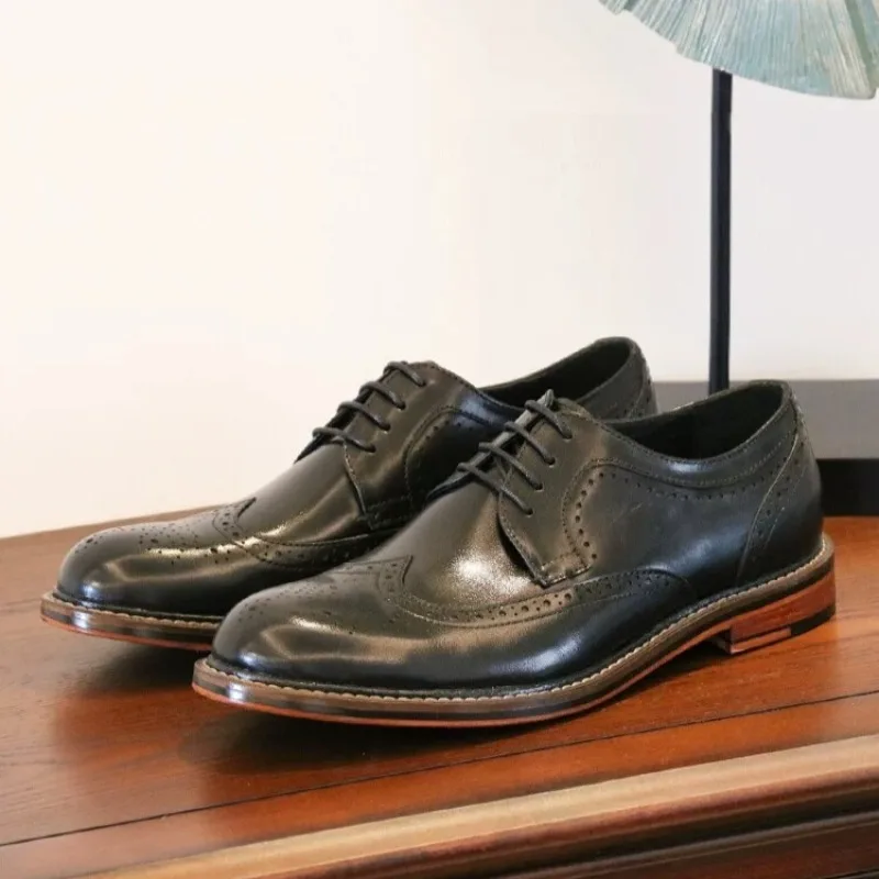 

British Style Business Dress Derby Genuine Leather Shoes Men's Dress Black Brogue Carved Casual Handmade Wedding Shoes Male