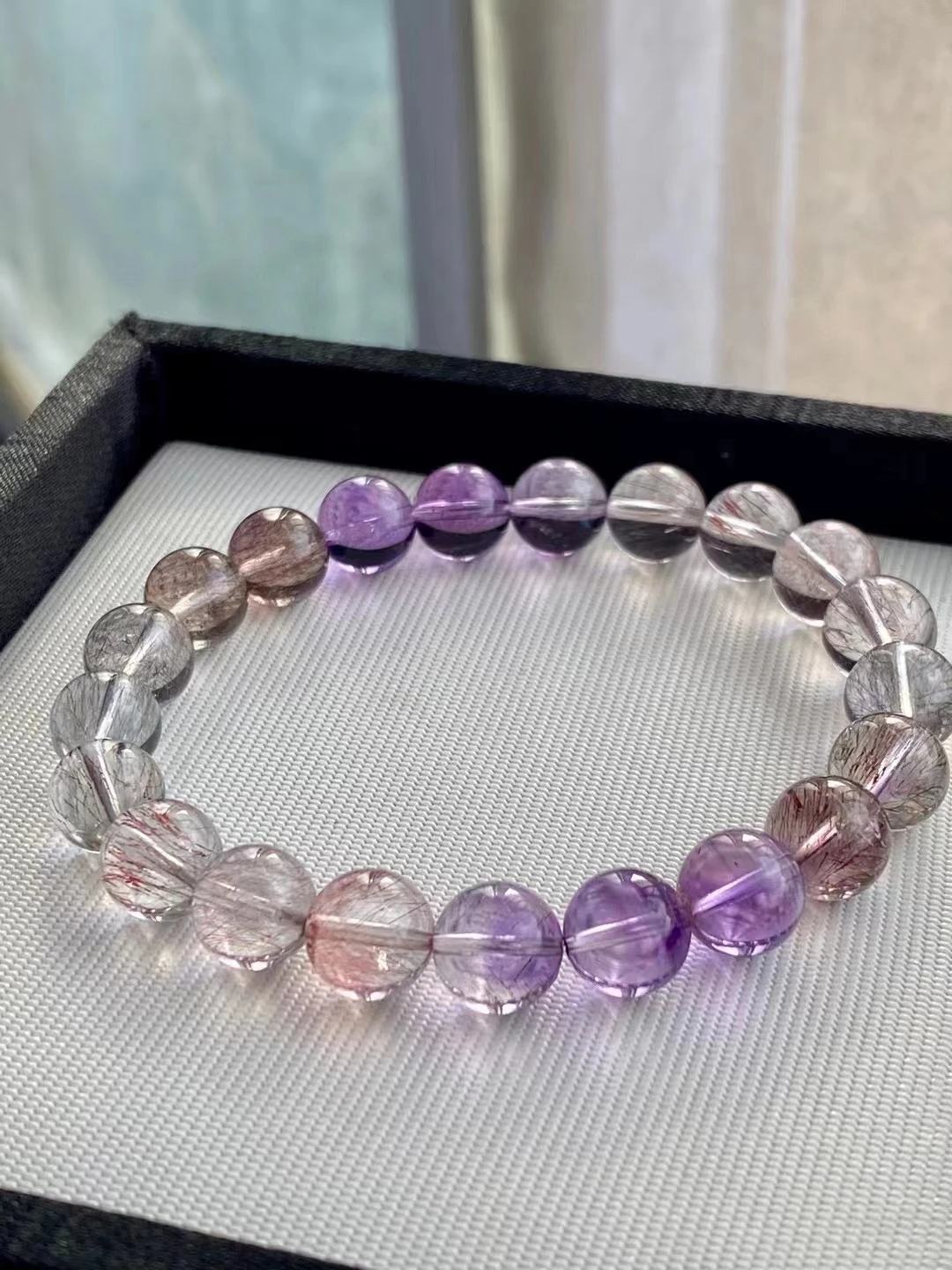 Natural Purple Super Seven 7 Lepidocrocite Quartz Bracelet 9mm Clear Round Beads 14.3mm Women Men AAAAAAA