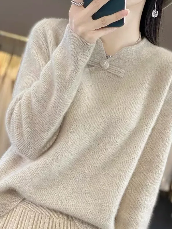 

Oule новый китайский дизайн трикотаж на пуговицах Camere свободный воротник-стойка шерстяная основа irt для поездок на работу осень-зима вязаный топ