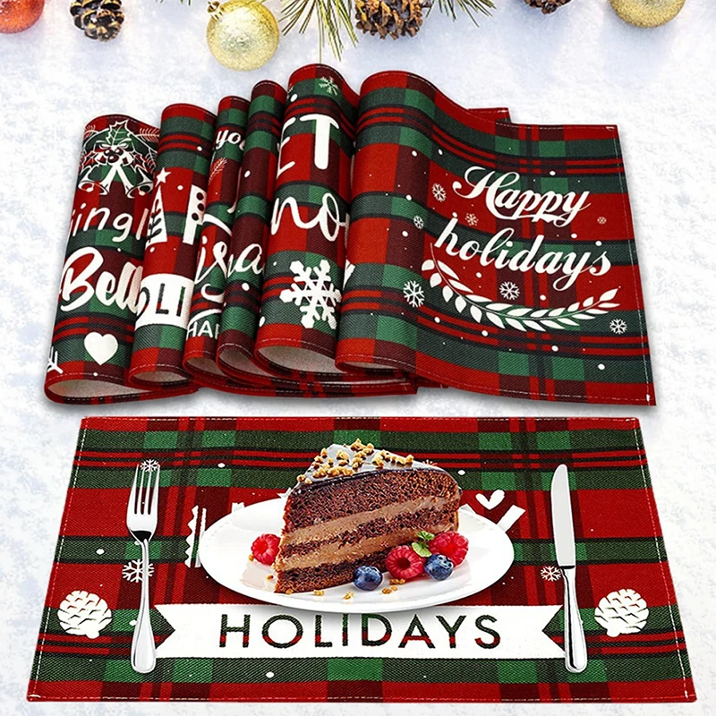 2023 Christmas Placemats Red Green Plaid Decoration Linen Xmas Dining Coaster Pad Bowl Coffee Cup Mat Napkin Tablecloth 45x32CM