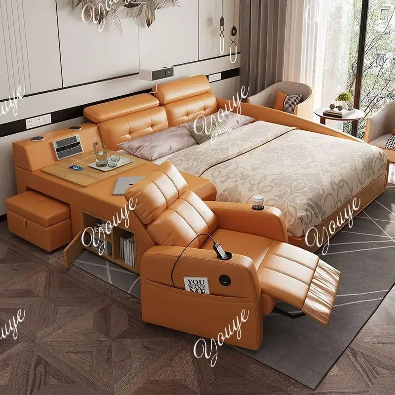 N49 Multifunctional Electric Smart Tatami Leather Bed Master Bedroom Modern Simple Space Capsule Sofa Queen Bed With Projector