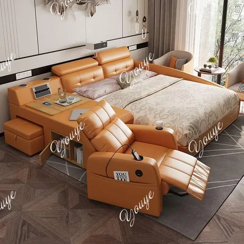 Imagen 2 del producto N49 Cama de cuero Tatami inteligente eléctrica multifuncional dormitorio principal sofá cápsula espacial Simple moderno cama Queen con proyector